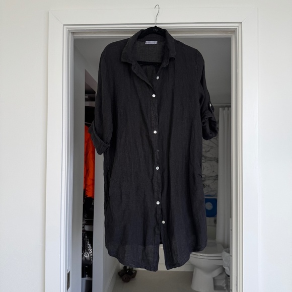 Black 3/4 Sleeve Shirt Linen Dress/Cover Up - Picture 1 of 4